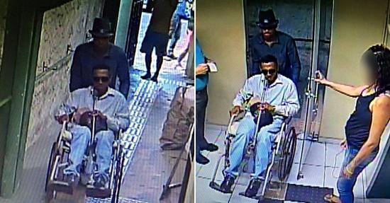 Cadeira de rodas foi usada pelos bandidos, para não passar pelo detector de metais e entrar armados. (Foto: via Whatsapp)