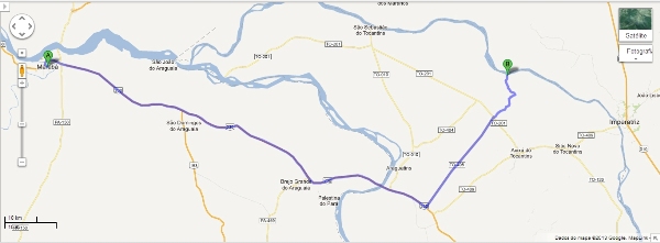 Localização de Praia Norte, a partir de Marabá e Imperatriz, no ponto B.