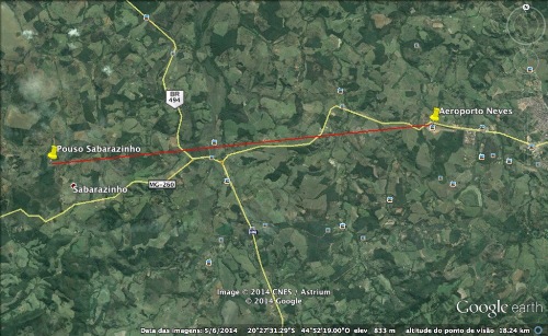 Mapa mostra distância entre a pista de pouso e o local em que o helicóptero parou para reabastecimento