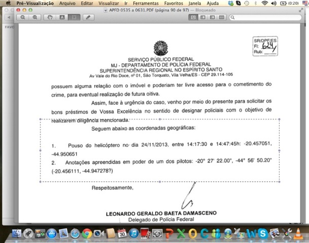 Detalhe do inquérito da PF, com o local de parada do helicóptero em Sabarazinho