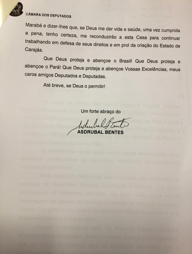 Carta de renúncia do deputado Asdrubal Bentes (Foto: Reprodução)